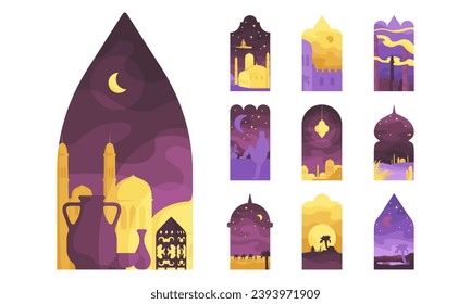 Various window view collection. Traditional arabian mosque. Sunset and night in Sahara. Islamic muslim temple, traveling and pilgrimage across middle east. Scenic landscape. Vector illustration