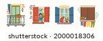 Various Windows. Closed wooden shutters, flowers, clothes dryer, balcony, lady, cat on windowsill. House Exterior. Hand drawn colored Vector illustrations. All elements are isolated