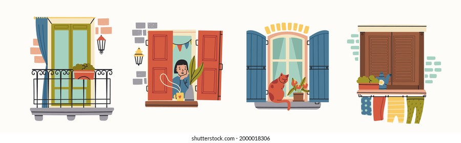 Various Windows. Closed wooden shutters, flowers, clothes dryer, balcony, lady, cat on windowsill. House Exterior. Hand drawn colored Vector illustrations. All elements are isolated