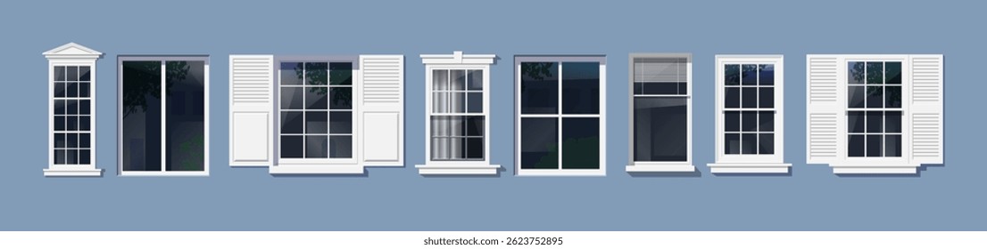 various windows frames set colletion house facade vector illustration
