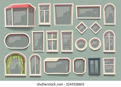various windows transparent in set cartoon style
