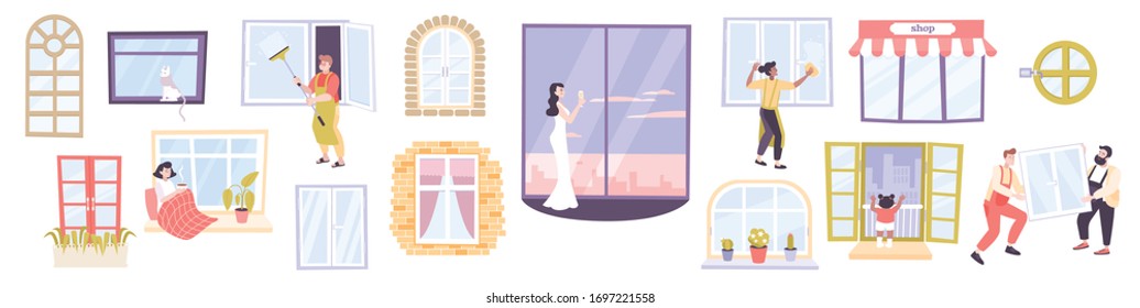 Various windows types flat icons collection with panoramic display circular modern antique childproof installation cleaning vector illustration
