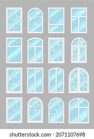 Various windows types set vector flat illustration. Collection plastic and wooden window with frames interior and exterior decorative elements. White clean classic and modern house facade elements