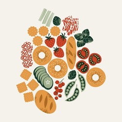 Various wine appetizers. Bread with crackers and vegetables with meat. Vector illustration.