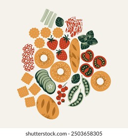 Various wine appetizers. Bread with crackers and vegetables with meat. Vector illustration.