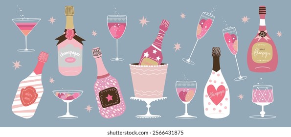 Various wine bottles with glasses. Vector set. Bottles of Different shapes and colors. Champagne, Brut, Sparkling wines. Hand drawn colorful vector illustrations. Celebration concept. 