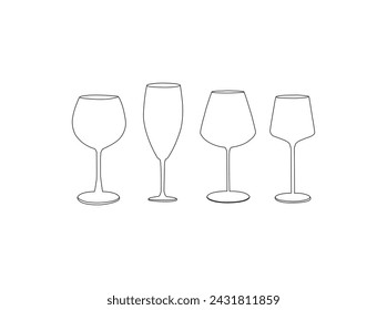 Various wine glasses outline. Line wine glasses. Continuous one-line drawing of a Wine glass. Editable stroke Vector illustration.