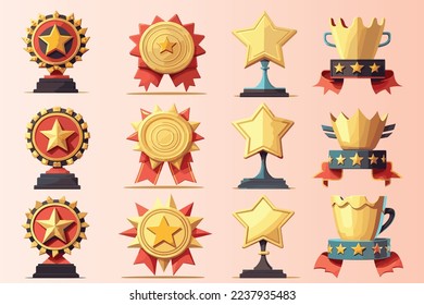 Various of Winner Golden Prizes Awards (Medals, Trophy, Crown, Honor Cup) in Set of Vector