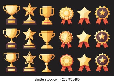Various of Winner Golden Prizes Awards Flat 2D (Honor Cups, Trophy, Medals) in Set of Vector