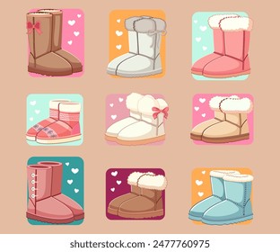 Various winter boots in different colors and designs on a colorful background with hearts. Concept of winter footwear. Vector illustration