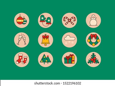 Various winter cozy christmas logos. Holiday mood. Minimalistic geometrical round icons. Colorful vector set. Cartoon style, flat design. Trendy illustration. Every icon is isolated