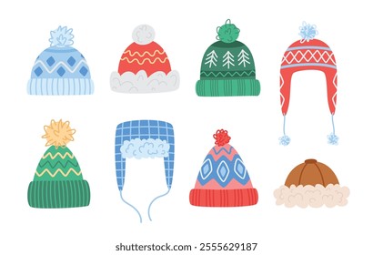 Various winter hats set. Cold weather accessories collection. Vector illustrations isolated on white background