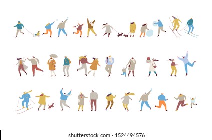 Various Winter People dressed in outerwear vector set. Crowd of people. Cold weather. Male and female flat characters isolated on white background.