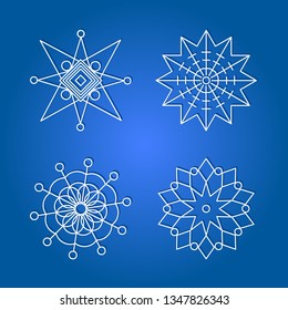 Various winter snowflakes white on blue background. Christmas and New Year decoration elements set. Vector illustration