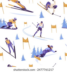 Verschiedene Wintersport-Charaktere Ski und Snowboard, Cartoon-Stil, auf weißem Hintergrund. Vektorillustration