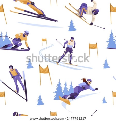 Various winter sports characters skiing and snowboarding, cartoon style, on white background. Vector illustration