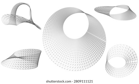 Various wireframe geometric shapes with intricate mesh patterns display complex, abstract architectural forms against a neutral background.