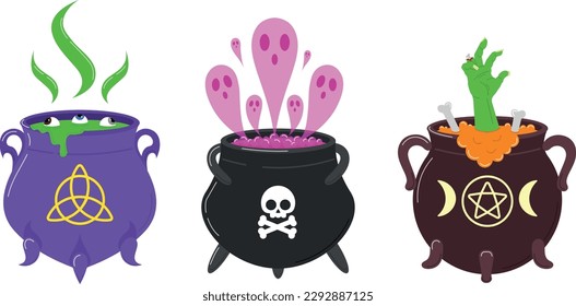 Various witch cauldrons, vector illustration