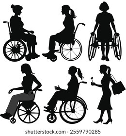 various woman silhouette in a wheelchair silhouettes set