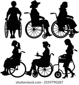 various woman silhouette in a wheelchair silhouettes set