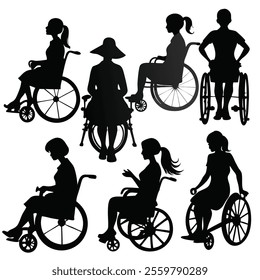 various woman silhouette in a wheelchair silhouettes set