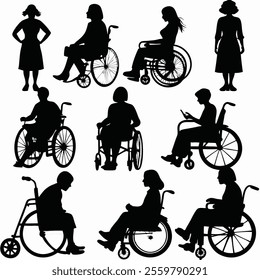 various woman silhouette in a wheelchair silhouettes set