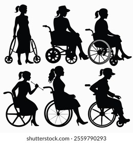 various woman silhouette in a wheelchair silhouettes set