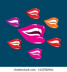 various woman's happy Smiling lips and mouth with white teeth and lipstick colors, red, pink, violet, 