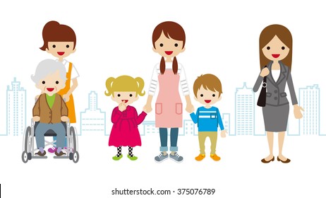 Various Women Child Care,Worker,Caregiver,- Townscape Background
