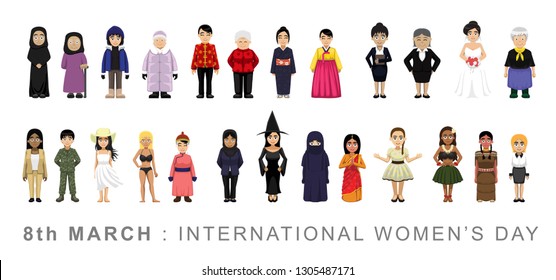 Various Women Cute Cartoon Character International Women Day Vector Illustration
