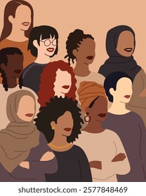 Various women of different races, ages and ethnicities standing together in a crowd, feminism poster, women empowerment vector illustration in a flat style