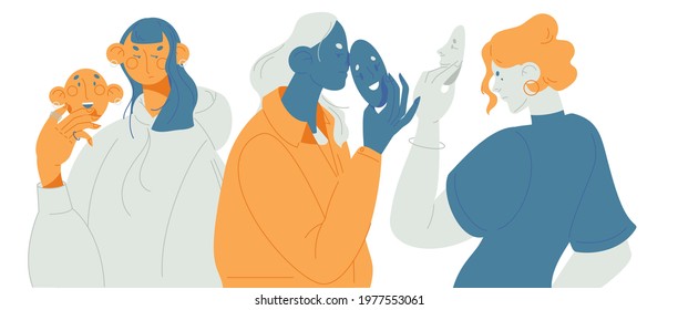 Various women hiding emotions during communication. Happy masks on sad faces. Concept illustration drawn in blue and grey isolated on white 