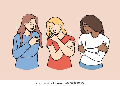 Various women hug themselves demonstrating narcissism and ignoring people around them. Concept of narcissism in society and introverted character of multinational girls in need of support