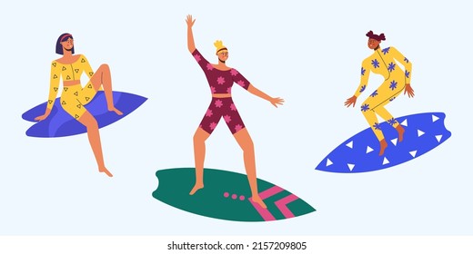 Various women on the surf. Active sports and recreation. Vector illustration.