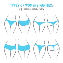 Female panties types flat silhouette icons set. Woman underwear fashion  styles collection. Girl body front, back view. Clothes infographic design  elements. Classic briefs, bikini, string, thong