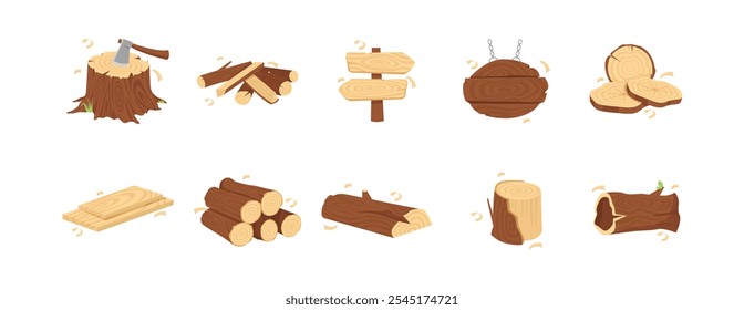 Various wood logs and timber elements, including stumps, planks, and signs, lumber vector set