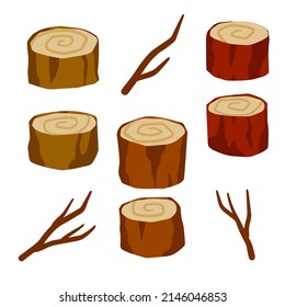 Varios troncos de madera y tronco. Trozo de madera y rama forestal. Dibujo plano aislado en blanco