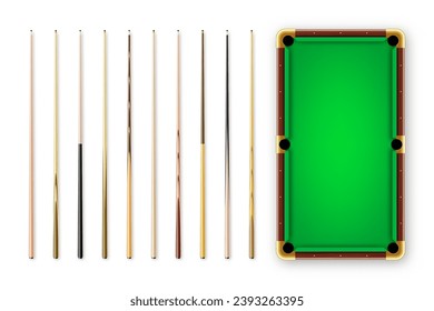 Various wooden billiard cues and green pool table. Snooker sports equipment. Vintage cue. Recreation and hobby, competitive game. Vector illustration