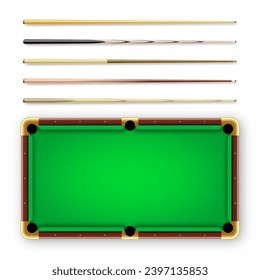 Various wooden billiard cues and green pool table. Snooker sports equipment. Vintage cue. Recreation and hobby, competitive game. Vector illustration