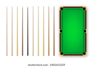 Various wooden billiard cues and green pool table. Snooker sports equipment. Vintage cue. Recreation and hobby, competitive game. Vector illustration