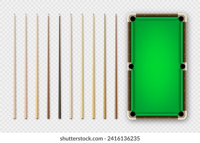 Various wooden billiard cues and green pool table. Snooker sports equipment. Vintage cue. Recreation and hobby, competitive game. Vector illustration