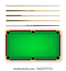 Various wooden billiard cues and green pool table. Snooker sports equipment. Vintage cue. Recreation and hobby, competitive game. Vector illustration