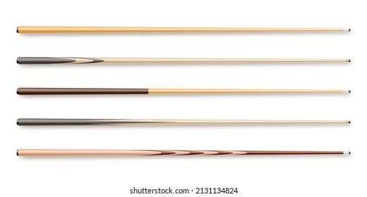 Various wooden billiard cues isolated on white background. Snooker sports equipment. Vintage pool cue. Active recreation and entertainment. Vector illustration