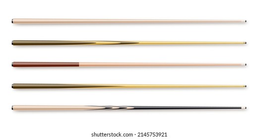 Various wooden billiard cues isolated on white background. Snooker sports equipment. Vintage pool cue. Active recreation and entertainment. Vector illustration