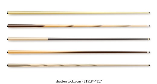 Various wooden billiard cues isolated on white background. Snooker sports equipment. Vintage pool cue. Active recreation and entertainment. Vector illustration