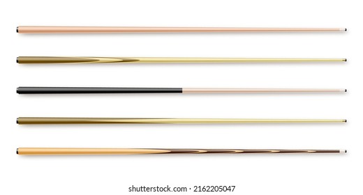 Various Wooden Billiard Cues Isolated On White Background. Snooker Sports Equipment. Vintage Pool Cue. Active Recreation And Entertainment. Vector Illustration