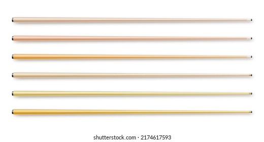 Various wooden billiard cues isolated on white background. Snooker sports equipment. Vintage pool cue. Active recreation and entertainment. Vector illustration