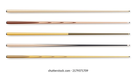 Various wooden billiard cues isolated on white background. Snooker sports equipment. Vintage pool cue. Active recreation and entertainment. Vector illustration