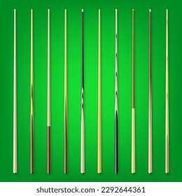 Various wooden billiard cues on green background. Snooker sports equipment. Vintage pool cue. Active recreation and entertainment. Vector illustration