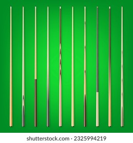 Various wooden billiard cues on green background. Snooker sports equipment. Vintage pool cue. Active recreation and entertainment. Vector illustration